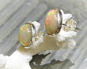 Ethiopian Opal Post Earrings, AAA+ 6mm x 8mm Natural Opal Stud Earrings in Sterling Silver E134