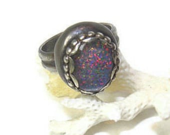 Opal and Sterling Ring in Kalidoscope Colors, Groovy Baby R112
