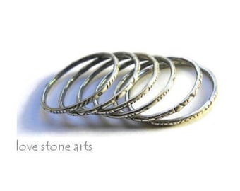 Sterling Silver Stacking Rings, Set of Six Thin Minimalist Rings, Detailed Textures with Antique Patina R166