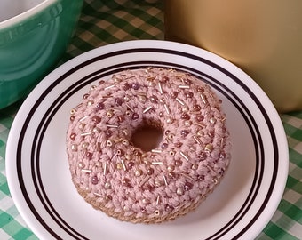 Delicious Crochet Beaded Pink and Gold Donut
