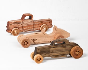 Wooden Vehicle Set - Pickup Truck, Race Car, Hot Rod
