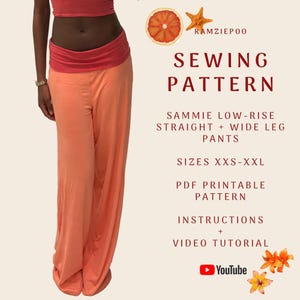 May include: A person modelling a coral-coloured outfit, comprising a crop top and wide-leg trousers. The image includes text stating "SEWING PATTERN" and "SAMMIE LOW-RISE STRAIGHT + WIDE LEG PANTS." The pattern is available in sizes XXS-XXL.