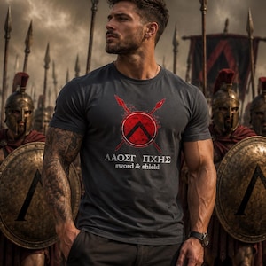 May include: A dark gray short-sleeved t-shirt featuring a red circular shield graphic with two crossed spears behind it. Below the graphic, the text reads "ΛΑΟΣΓ ΠΧΗΣ" in Greek characters followed by the English words "sword & shield" in white.