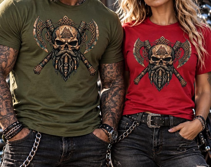 Featured listing image: Viking Skull T-Shirt, Norse Mythology Crossed Axes and Valknut Symbol, Distressed Nordic Warrior