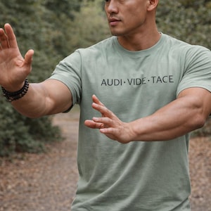 May include: A man wearing a sage green t-shirt with the text "AUDI. VIDE. TACE" in black. He is outside with his arms extended, wearing a black beaded bracelet, and dark jeans.