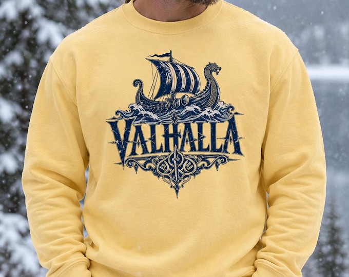 Featured listing image: Viking Valhalla Sweatshirt, Norse Longship Graphic, Distressed Nordic Mythology Pullover, Gothic Viking Emblem