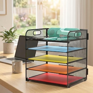May include: A black metal mesh desk organiser with four tiers featuring colourful trays in blue, yellow, orange, and red. The top shelf holds a light blue stapler and a matching rectangular speaker. The unit has integrated handles on the sides.