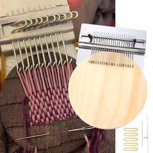 May include: A weaving loom with a wooden circular base and metal needles. The loom is shown in use, with pink and purple yarn being woven into a fabric. Additional tools, including a metal needle and gold-colored pins, are also visible.