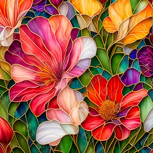 Puede incluir: Un vibrante patrón floral con flores estilizadas en tonos rosa, rojo, naranja y amarillo, delineadas con líneas doradas. El diseño incluye follaje verde y acentos en violeta oscuro, creando un efecto de vidriera con pétalos superpuestos.