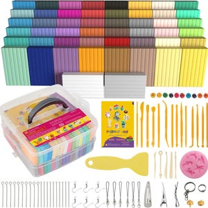 May include: A large set of polymer clay in various colors, arranged in rows. Includes a clear plastic carrying case filled with clay, tools, and accessories. A yellow spatula, sculpting tools, and jewelry-making supplies are also visible.