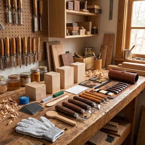 May include: A woodworking workbench featuring various tools including wood carving knives with dark wooden handles, a set of chisels on a pegboard, wooden blocks, a leather tool roll, a pair of gray cut-resistant gloves, sandpaper, and wood shavings.