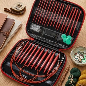 May include: A red zippered carrying case containing a set of red knitting needles and circular cables. The case includes various needle sizes, small green circular stoppers, and clear plastic pouches for accessories, organized in a black interior.