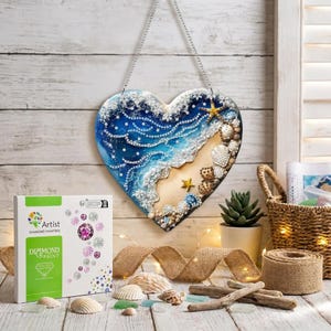 Heart Beach Diamond Art Suncatcher Kit, Coastal Waves Seashells Window Hanging (8x8 inches)