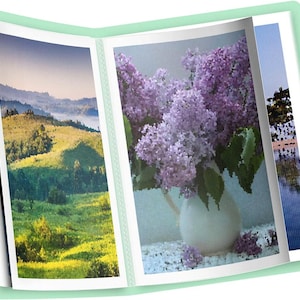 May include: A photo album open to three pages. One page shows a landscape of rolling green hills and trees. Another page displays a white pitcher filled with purple lilacs. The third page shows a blurry image of a body of water.
