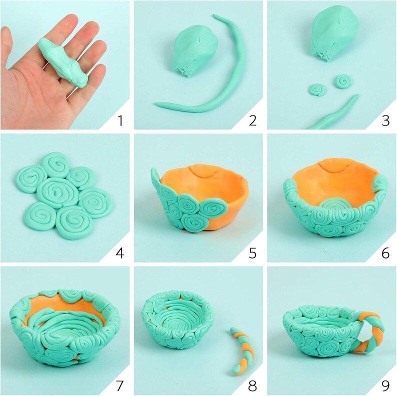 May include: A series of nine images showing the step-by-step process of creating a miniature clay teacup. The teacup is orange inside and decorated with turquoise swirls. The handle is also turquoise and orange.