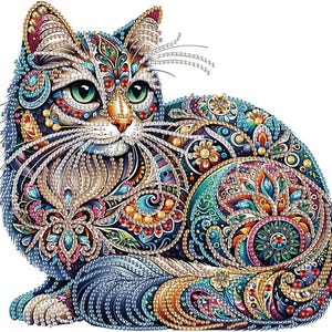 May include: A decorative cat illustration with intricate jewel-like details. The cat features a colorful mosaic pattern with shades of blue, green, orange, and pink. The cat's eyes are green, and its whiskers are white. The overall design is ornate and detailed.