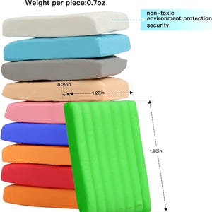 May include: A stack of colorful modeling clay blocks in various colors, including white, blue, gray, peach, pink, blue, orange, red, and green. Each block measures approximately 1.98 inches by 1.23 inches by 0.39 inches and weighs 0.7 ounces. The text "non-toxic environment protection security" is also present.
