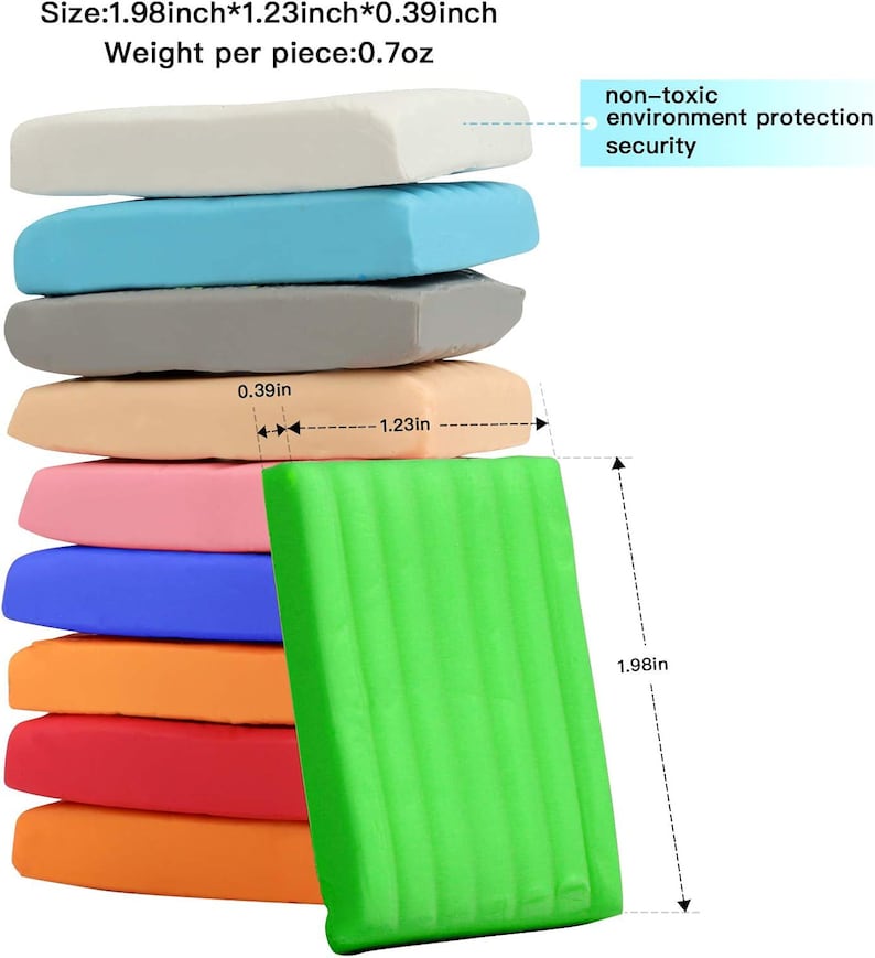 May include: A stack of colorful modeling clay blocks in various colors, including white, blue, gray, peach, pink, blue, orange, red, and green. Each block measures approximately 1.98 inches by 1.23 inches by 0.39 inches and weighs 0.7 ounces. The text "non-toxic environment protection security" is also present.