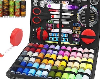 Kit de costura completo (229 piezas, aguja, hilo y tijeras) ideal para principiantes.
