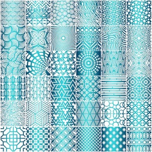May include: A grid of thirty square tiles featuring various geometric, floral, and abstract patterns in shades of teal, cyan, and white. Each individual square displays a distinct repeating design, including waves, stripes, hearts, and circles.