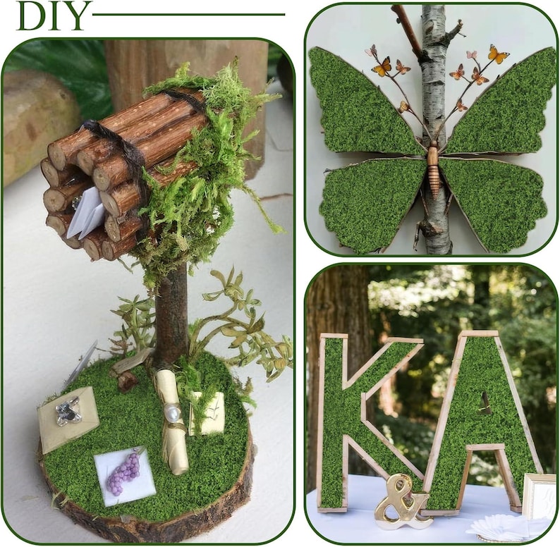May include: A DIY collection featuring a miniature mailbox made of twigs and moss, a butterfly-shaped wall decoration covered in green moss with small orange butterflies, and large wooden letters K and A filled with green moss.