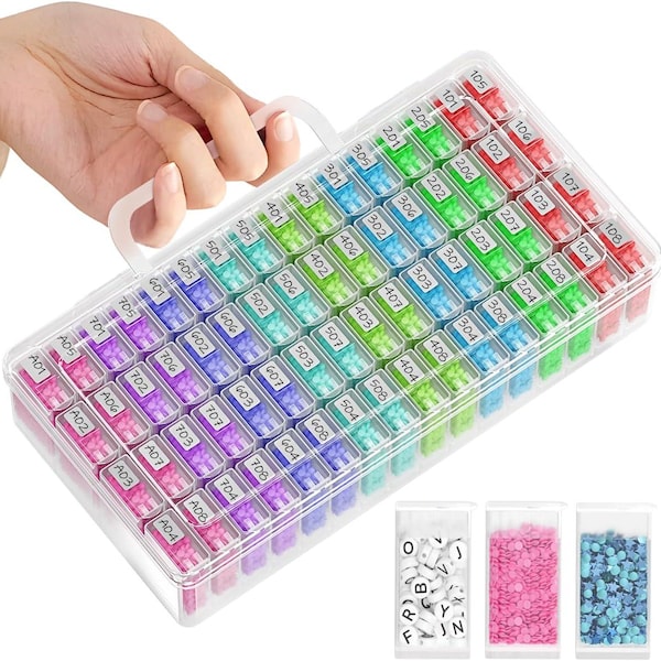 Organiseur de stockage de 64 pots pour oeuvres d'art en diamant, contenant de peinture diamant portable avec étiquettes, étui de rangement pour perles et perceuses pour adultes, kits de création
