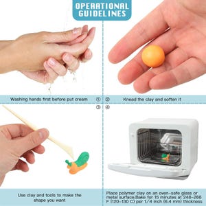 May include: Image showing operational guidelines for polymer clay crafting. Steps include washing hands, kneading clay, using tools to shape clay, and baking in a small oven. Text reads: "OPERATIONAL GUIDELINES".