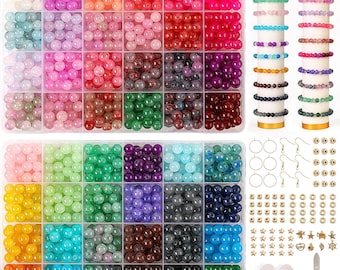 1300pcs Glass Beads Kit – 48 Colors 8mm Round Crystal Beads for Jewelry Making, Bracelet DIY Starter Set, Gift for Birthday & Holidays