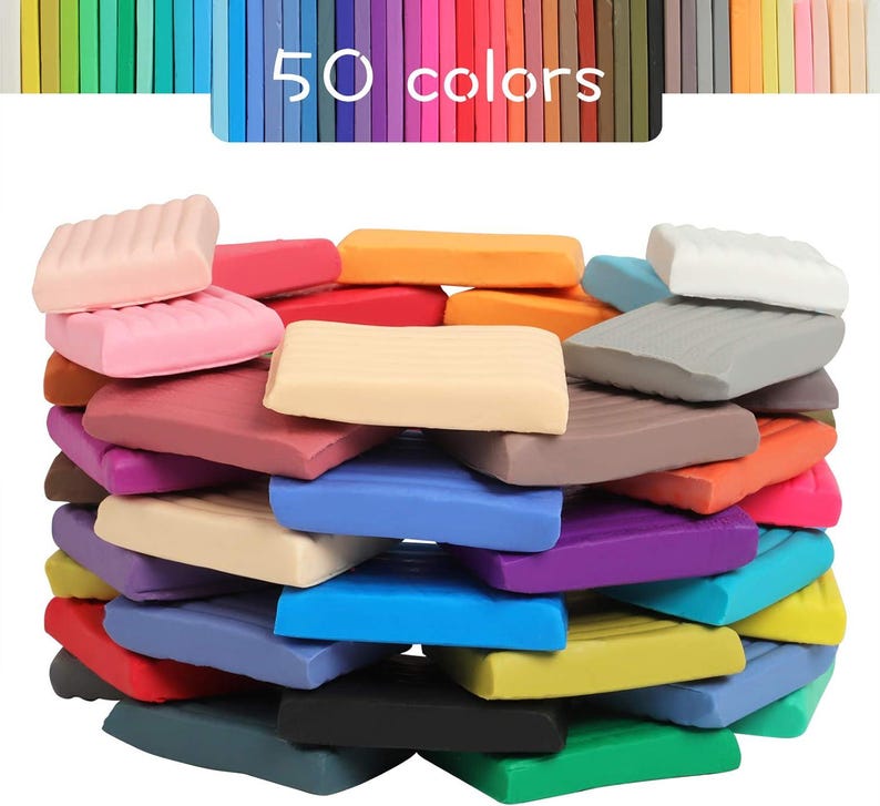 May include: A collection of 50 colorful clay bars in various shades, including pink, red, orange, yellow, blue, purple, and green. The clay bars are stacked together, with the text "50 colors" displayed above.