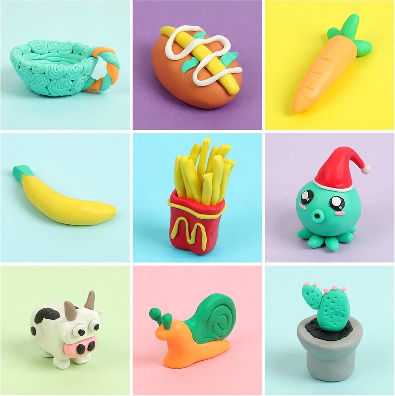 May include: A collection of colorful clay food and animal sculptures. Includes a teal bowl, a hot dog, a carrot, a banana, a container of fries, an octopus with a Santa hat, a cow, a snail, and a cactus in a pot.