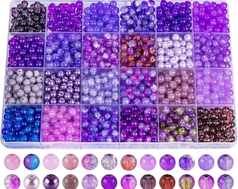 1200PCS 6mm Glass Beads Kit – 24 Violet Series Crystal Colors for Bracelet, Jewelry Making & DIY Crafts, Friendship Bracelets