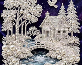 May include: A decorative wall art piece featuring a winter landscape scene crafted from white pearls and clear crystals. The design includes a house, a bridge over a stream, trees, and a bird, all set against a dark blue velvet background.
