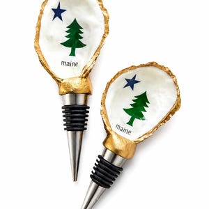 Maine Pine Tree and North Star Flag Gilded Gold Leaf Oyster Wine Stopper