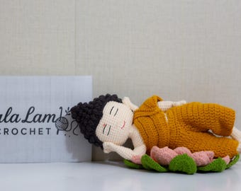 Buda reclinado de crochet hecho a mano: decoración espiritual amigurumi, regalo zen apacible, peluche de meditación