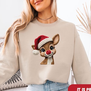 Santa Reindeer Sweatshirt, Xmas Reindeer Sweater, Xmas Girl Jumper, Little Reindeer Top, Retro Christmas Jumper, Christmas Gift Sweater