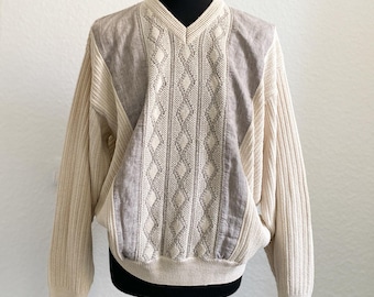 Suéter vintage, suéter oversize, suéter de los 80, suéter con estampado extravagante, suéter con cuello en V, suéter oversize, suéter beige, suéter XXL