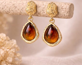 Druppeloorbellen barnsteen – gouden statement oorbellen, vintage geïnspireerde harssieraden, elegant cadeau voor haar