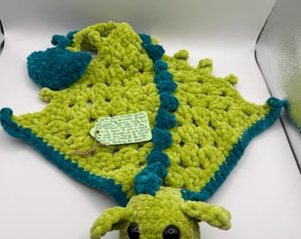 Green Crochet Dragon Cuddle Plushie Toy, Dragon Comforter, Chenille Yarn Snuggle Toy, Handmade Familiar Fantasy Creature, Wearable Dragon