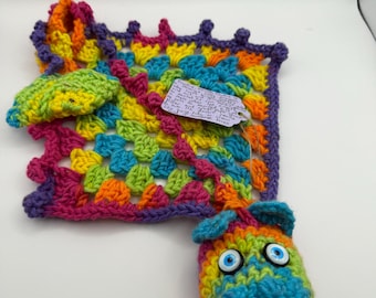 Rainbow Crochet Dragon Cuddle Plushie Toy, Dragon Comforter, Chenille Yarn Snuggle Toy, Handmade Familiar Fantasy Creature, Wearable Dragon