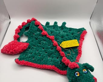 Green Crochet Dragon Cuddle Plushie Toy, Dragon Comforter, Chenille Yarn Snuggle Toy, Handmade Familiar Fantasy Creature, Wearable Dragon