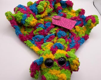 Rainbow Crochet Dragon Cuddle Plushie Toy, Dragon Comforter, Chenille Yarn Snuggle Toy, Handmade Familiar Fantasy Creature, Wearable Dragon