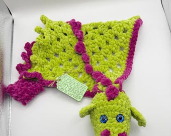Green Crochet Dragon Cuddle Plushie Toy, Dragon Comforter, Chenille Yarn Snuggle Toy, Handmade Familiar Fantasy Creature, Wearable Dragon