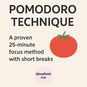 May include: A graphic with the text "POMODORO TECHNIQUE" and a red tomato illustration. The text below reads "A proven 25-minute focus method with short breaks." The GlowDesk Hub logo is at the bottom.