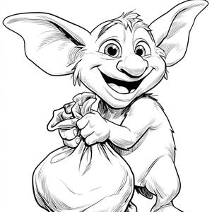 May include: Black and white illustration of a smiling goblin-like creature with large ears, holding a sack. The creature has a large nose and is standing on two legs. The image is a detailed line drawing.