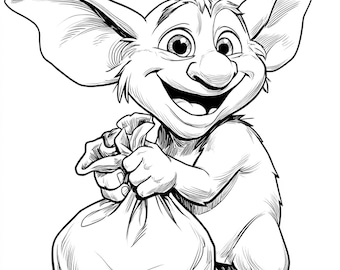 May include: Black and white illustration of a smiling goblin-like creature with large ears, holding a sack. The creature has a large nose and is standing on two legs. The image is a detailed line drawing.