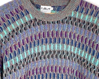 Vtg Lavane Sweater Mens XL Mercerized 3D Geometric Knit 90s Coogi Retro Crewneck