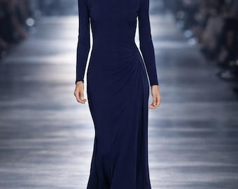 Vtg Lauren Ralph Lauren 4 Green Label Maxi Long Evening Dress Navy Long Sleeve