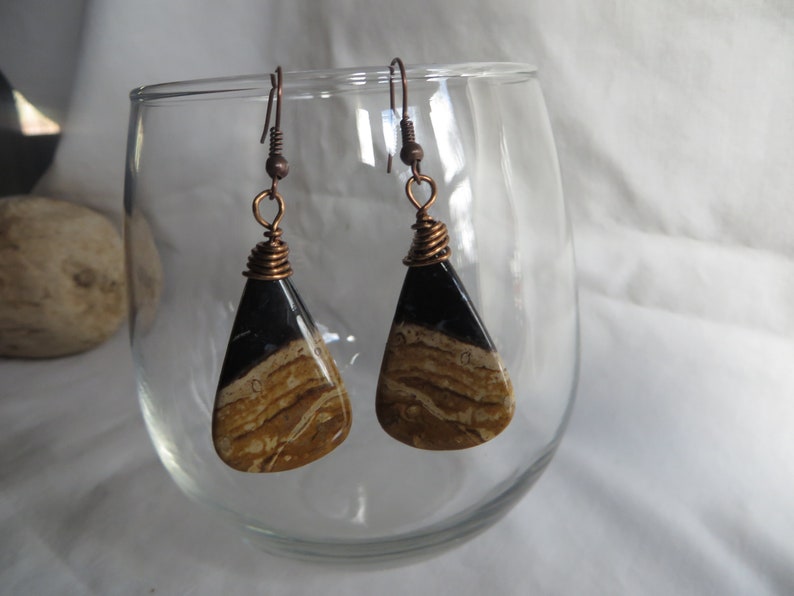 root dangle gemstone wire wrapped petrified palm root earrings Petrified Palm Root Fossil Earrings