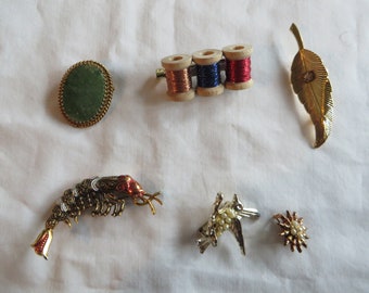 Variety of Vintage Pins, Round Pearl Pin, Vintage, Pearl, Pin, Faux Pearl, lobster, bird, thread, leaf, faux pearl