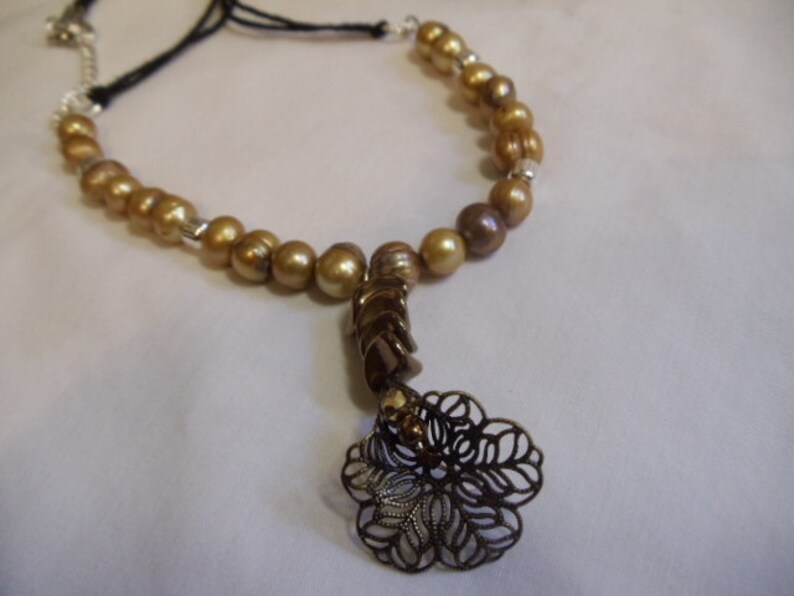 beaded necklace gold 18 14 Gold Pearls and Silver Beaded Necklace with Gold Flower and Bronze Nuggets bronze pearl flower